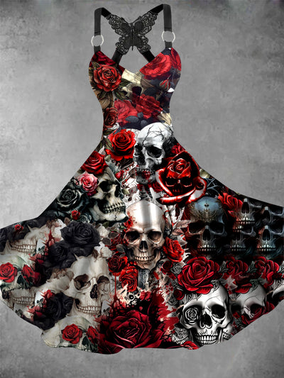 Retro Halloween Gothic Floral Art Printed Vintage V-Neck Pleated Butterfly Cross-Wrap Midi Dress