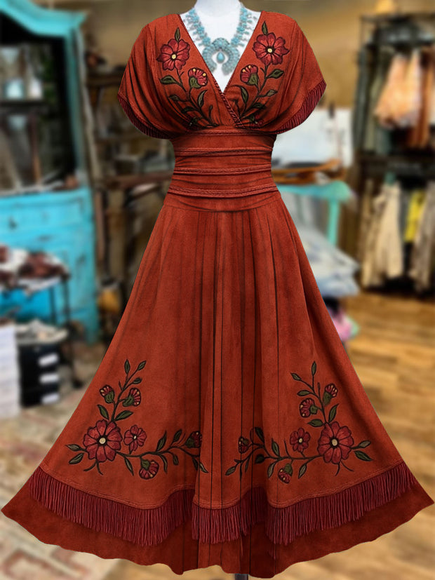 Retro Suede Fringes Floral Carved Art Printed Elegant V-Neck Vintage Batwing Short Sleeve Maxi Dress