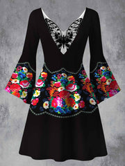 Retro Floral Art Printed Vintage Lace Butterfly Pleated Waist Long Sleeves Midi Dress