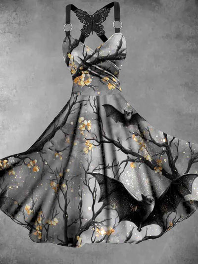 Retro Floral Art Printed Vintage V-Neck Pleated Butterfly Cross-Wrap Midi Dress