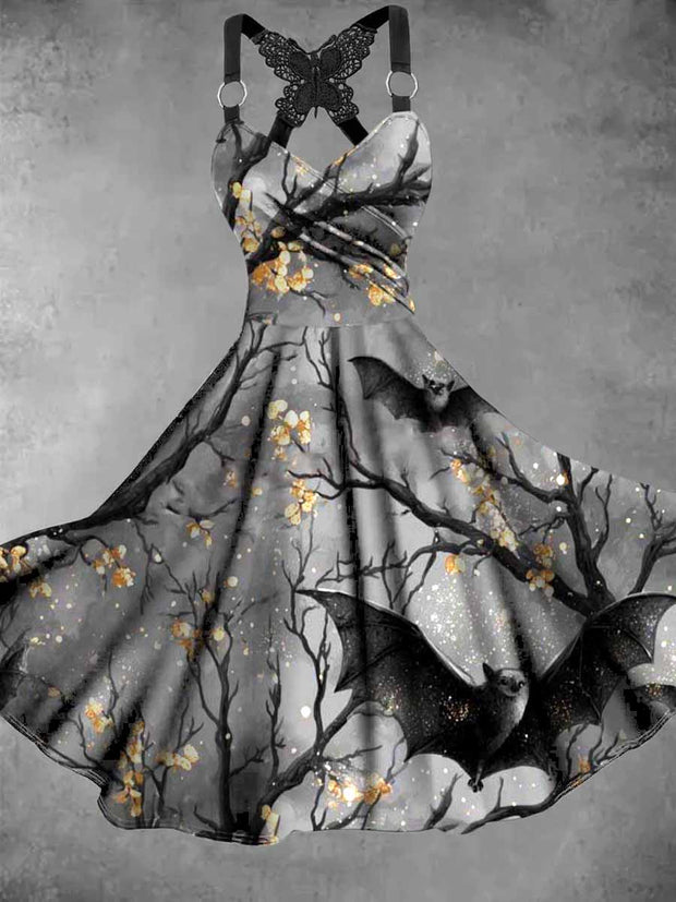 Retro Floral Art Printed Vintage V-Neck Pleated Butterfly Cross-Wrap Midi Dress