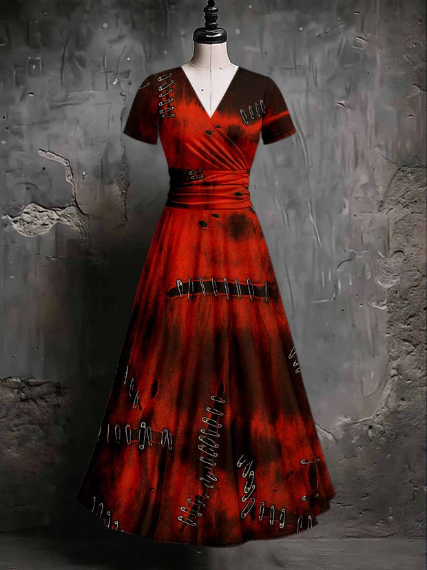 Retro Halloween Gothic Art Printed Vintage V-Neck Pleated Waist Short Sleeve Midi Dress