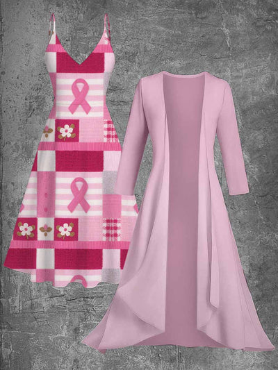 Pink Breast Cancer Floral Printed Vintage Camisole Dress Long Sleeve Two-Piece Midi Dress