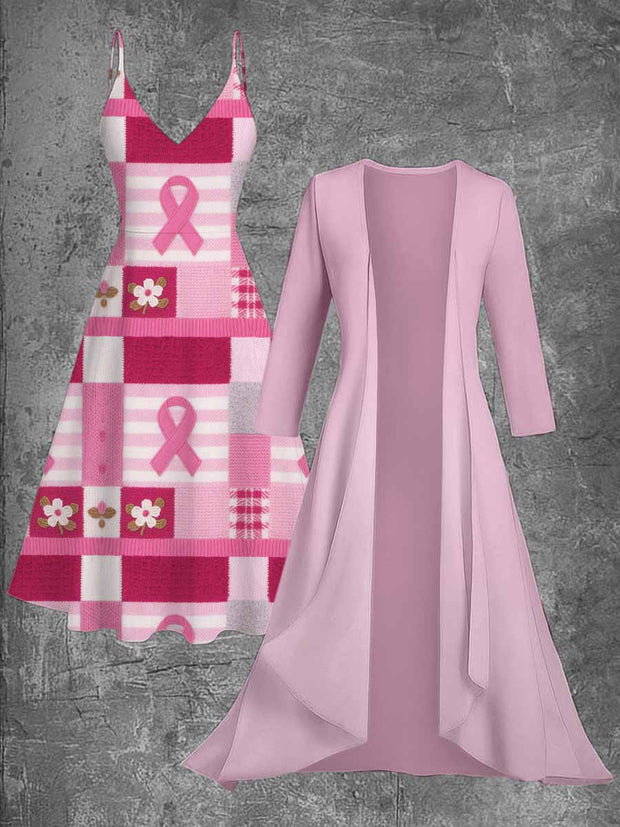 Pink Breast Cancer Floral Printed Vintage Camisole Dress Long Sleeve Two-Piece Midi Dress