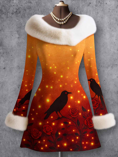 Gothic Crow Floral Art Printed Vintage Elegant Furry Fur Collar Long Sleeve Midi Dress