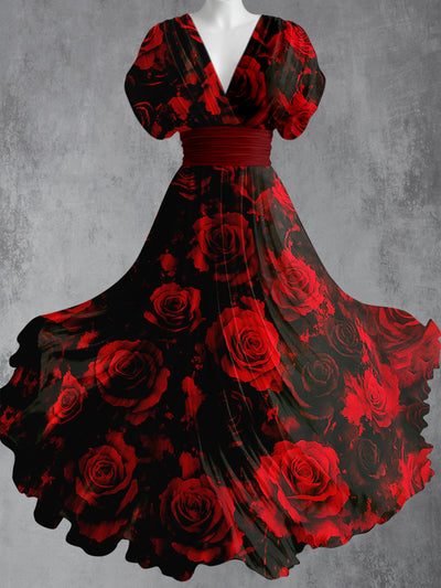 Retro Skull Gothic Floral Art Printed Elegant V-Neck Vintage Short Sleeve Maxi Dress