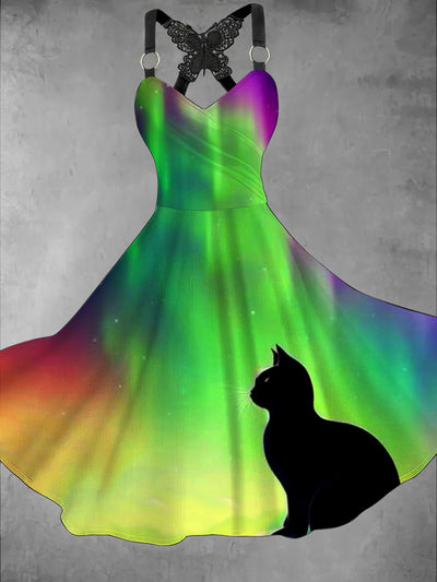 Retro Black Cat Art Printed Vintage V-Neck Pleated Butterfly Cross-Wrap Midi Dress