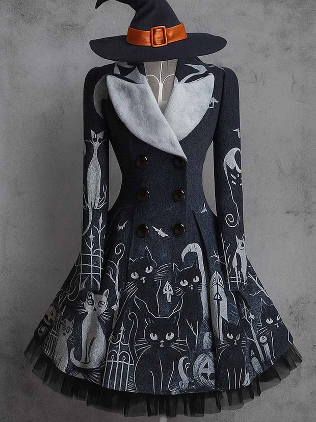 Gothic Cats Art Print Vintage Elegant Lapel V-Neck Button Up Long Sleeve Coat Dress