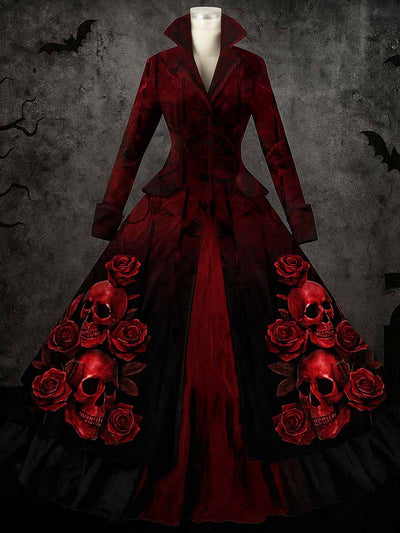 Retro Halloween Floral Art Printed Vintage Lapel V-Neck Button Up Double Hem Long-Sleeved Midi Dress