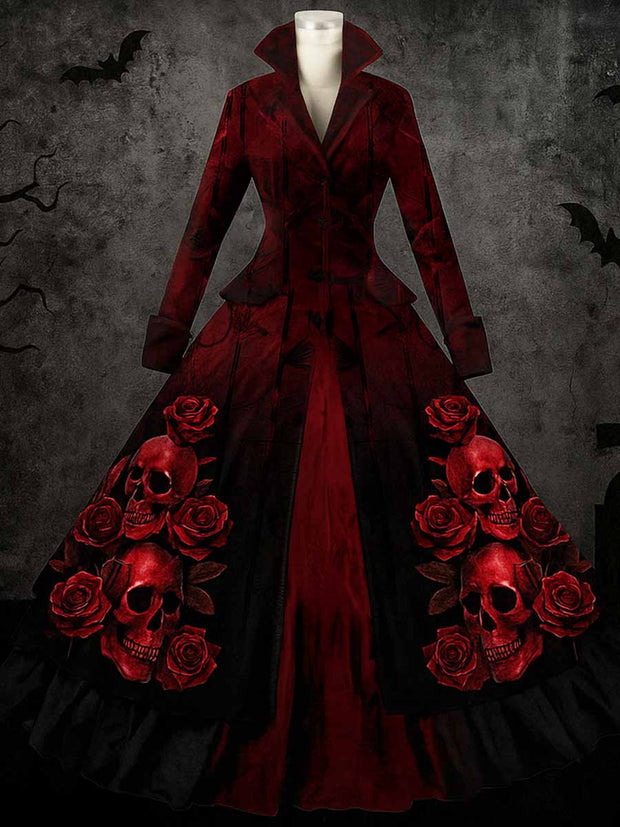 Retro Halloween Floral Art Printed Vintage Lapel V-Neck Button Up Double Hem Long-Sleeved Midi Dress