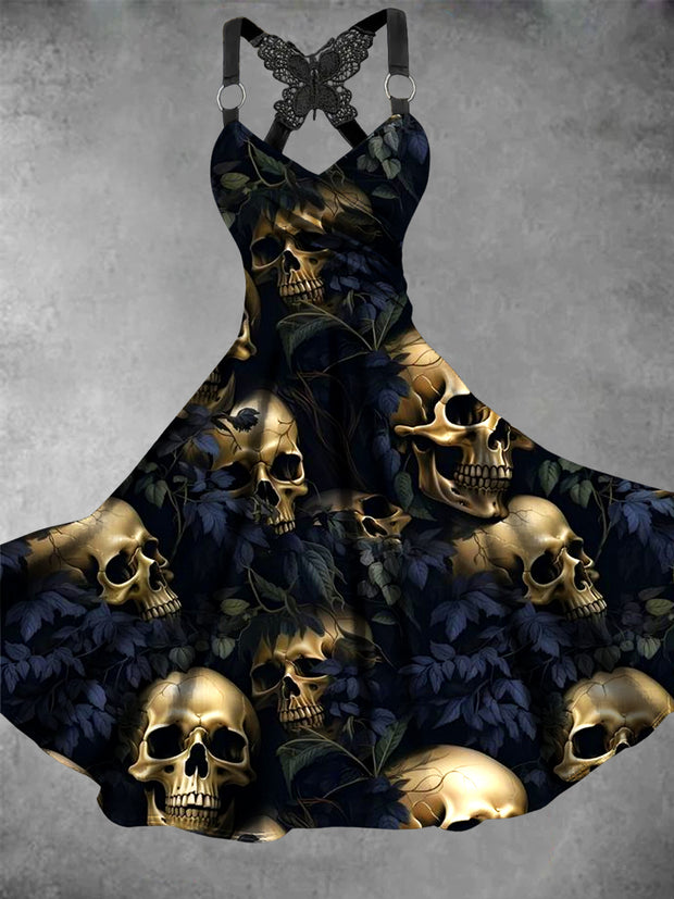 Retro Halloween Gothic Floral Art Printed Vintage V-Neck Pleated Butterfly Cross-Wrap Midi Dress