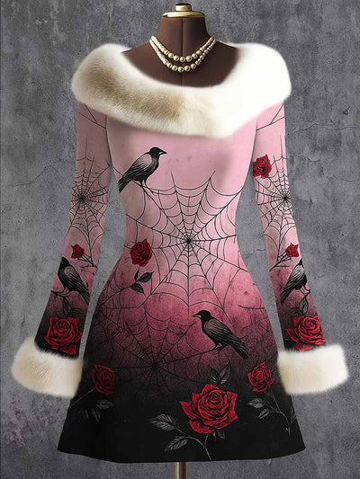 Gothic Crow Floral Art Printed Vintage Elegant Furry Fur Collar Long Sleeve Midi Dress