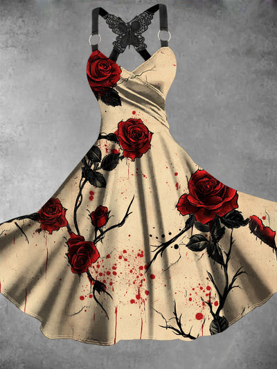 Retro Halloween Gothic Floral Art Printed Vintage V-Neck Pleated Butterfly Cross-Wrap Midi Dress