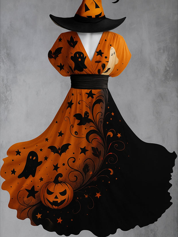 Gothic Ghost Art Print V-Neck Vintage Elegant Short Sleeve Maxi Dress