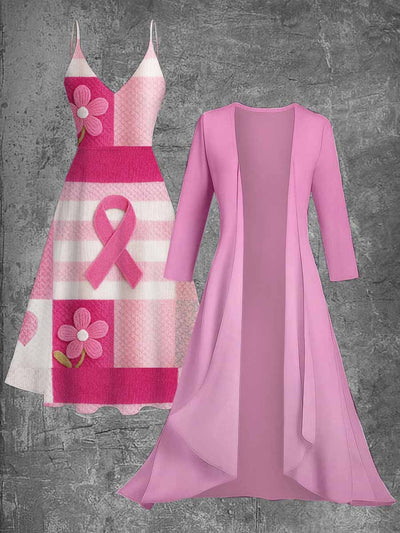 Pink Breast Cancer Floral Printed Vintage Camisole Dress Long Sleeve Two-Piece Midi Dress