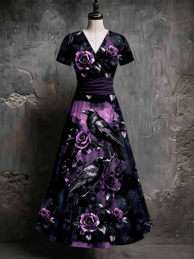 Gothic Crow Floral Art Print V-Neck Short Sleeve Vintage Midi Dress