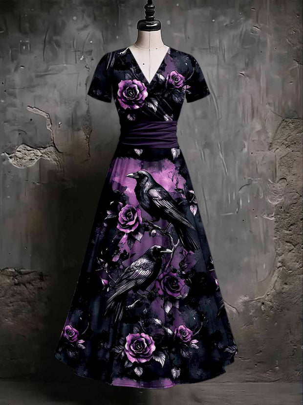 Gothic Crow Floral Art Print V-Neck Short Sleeve Vintage Midi Dress