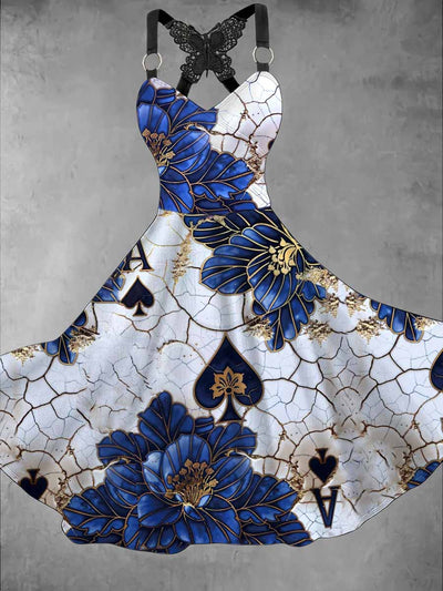 Retro Floral Art Printed Vintage V-Neck Pleated Butterfly Cross-Wrap Midi Dress