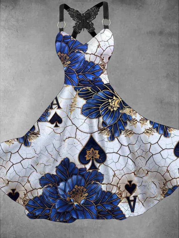 Retro Floral Art Printed Vintage V-Neck Pleated Butterfly Cross-Wrap Midi Dress