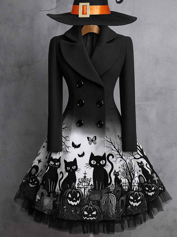 Gothic Cats Art Print Vintage Elegant Lapel V-Neck Button Up Long Sleeve Coat Dress