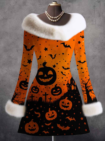 Gothic Floral Art Printed Vintage Elegant Furry Fur Collar Long Sleeve Midi Dress