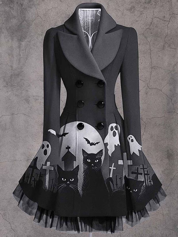 Gothic Cats Art Print Vintage Elegant Lapel V-Neck Button Up Long Sleeve Coat Dress