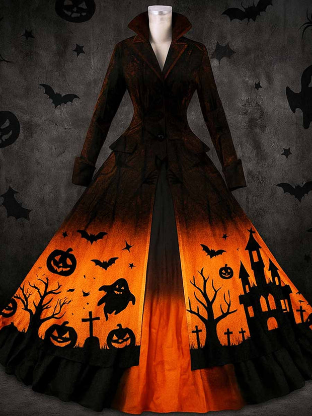 Retro Halloween Floral Art Printed Vintage Lapel V-Neck Button Up Double Hem Long-Sleeved Midi Dress