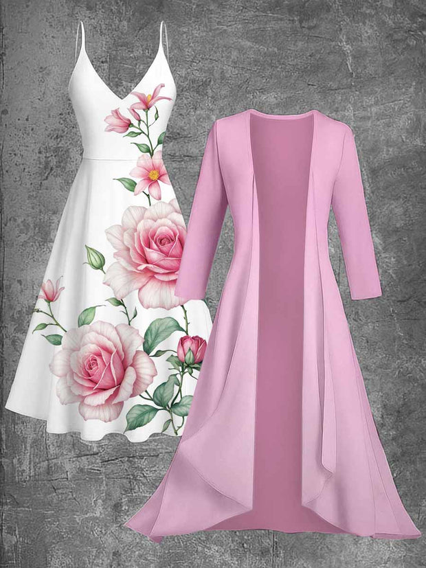 Retro Floral Printed Vintage Camisole Dress Long Sleeve Two-Piece Midi Dress
