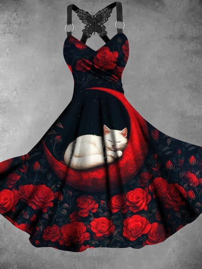 Retro Cat Floral Art Printed Vintage V-Neck Pleated Butterfly Cross-Wrap Midi Dress