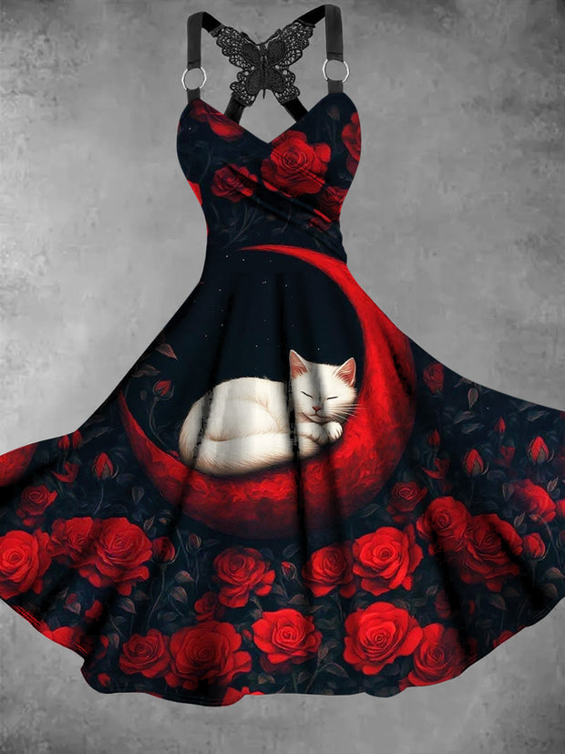 Retro Cat Floral Art Printed Vintage V-Neck Pleated Butterfly Cross-Wrap Midi Dress