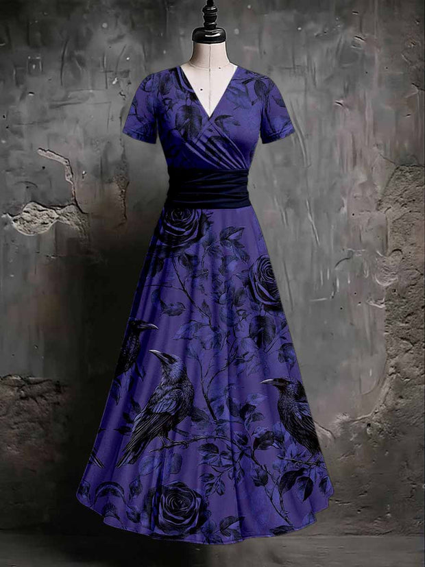 Gothic Crow Floral Art Print V-Neck Short Sleeve Vintage Midi Dress