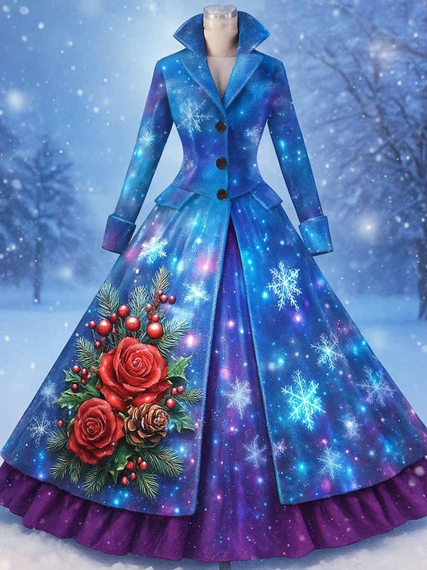 Retro Floral Art Printed Vintage Lapel V-Neck Button Up Double Hem Long-Sleeved Midi Dress
