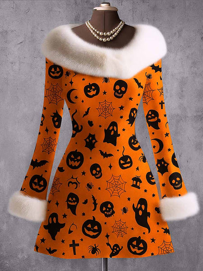 Gothic Pumpkin Art Print Vintage Elegant Furry Fur Collar Long Sleeve Midi Dress