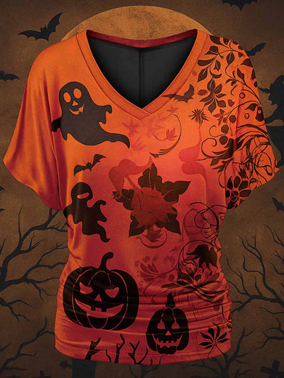 Retro Happy Halloween Floral Printed Vintage Lapel V-Neck Vintage Relaxed Loose Batwing Sleeve Top