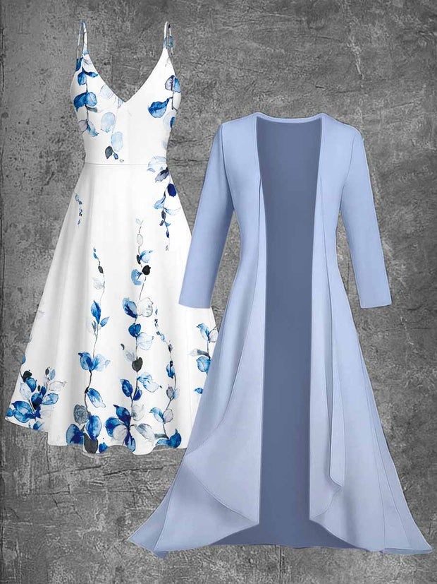 Retro Floral Printed Vintage Camisole Dress Long Sleeve Two-Piece Midi Dress