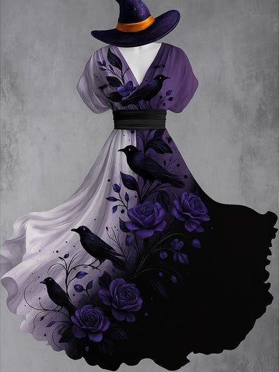 Retro Skull Gothic Floral Art Printed Elegant V-Neck Vintage Short Sleeve Maxi Dress