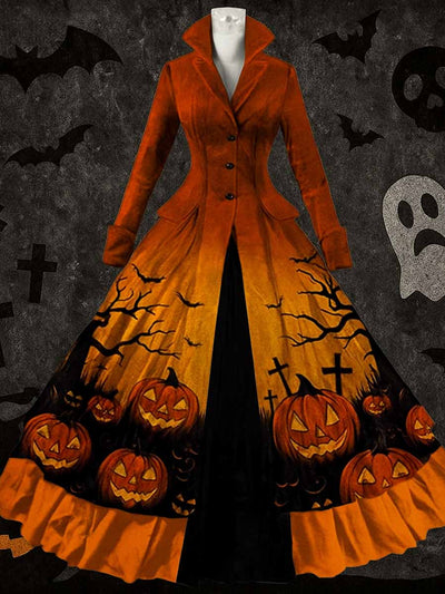 Retro Halloween Floral Art Printed Vintage Lapel V-Neck Button Up Double Hem Long-Sleeved Midi Dress