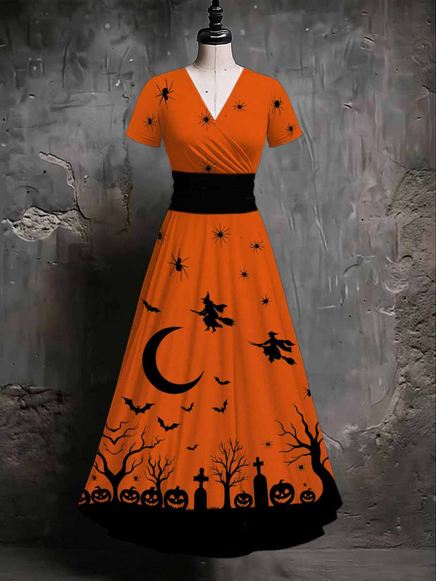 Halloween Art Print V-Neck Short Sleeve Vintage Midi Dress