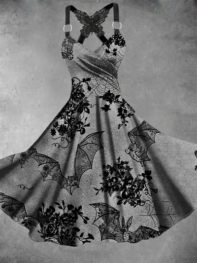 Retro Halloween Gothic Floral Art Printed Vintage V-Neck Pleated Butterfly Cross-Wrap Midi Dress