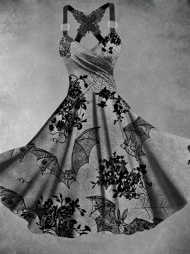 Retro Halloween Gothic Floral Art Printed Vintage V-Neck Pleated Butterfly Cross-Wrap Midi Dress