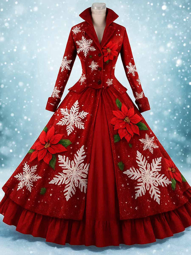 Retro Floral Art Printed Vintage Lapel V-Neck Button Up Double Hem Long-Sleeved Midi Dress