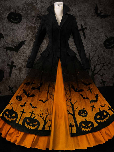 Retro Halloween Floral Art Printed Vintage Lapel V-Neck Button Up Double Hem Long-Sleeved Midi Dress