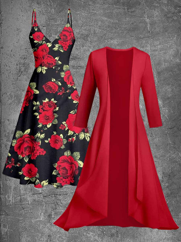 Retro Floral Printed Vintage Camisole Dress Long Sleeve Two-Piece Midi Dress