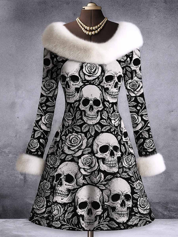 Gothic Skull Art Print Vintage Elegant Furry Fur Collar Long Sleeve Midi Dress