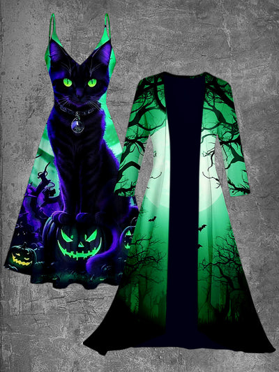 Retro Black Cat Art Printed Vintage Camisole Dress Long Sleeve Two-Piece Midi Dress