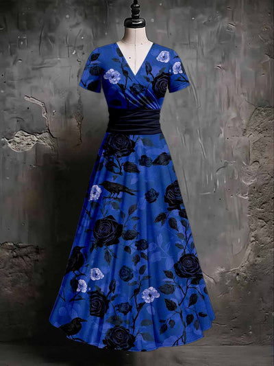 Gothic Crow Floral Art Print V-Neck Short Sleeve Vintage Midi Dress