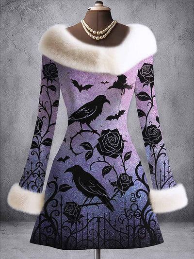 Gothic Raven Art Print Vintage Elegant Furry Fur Collar Long Sleeve Midi Dress