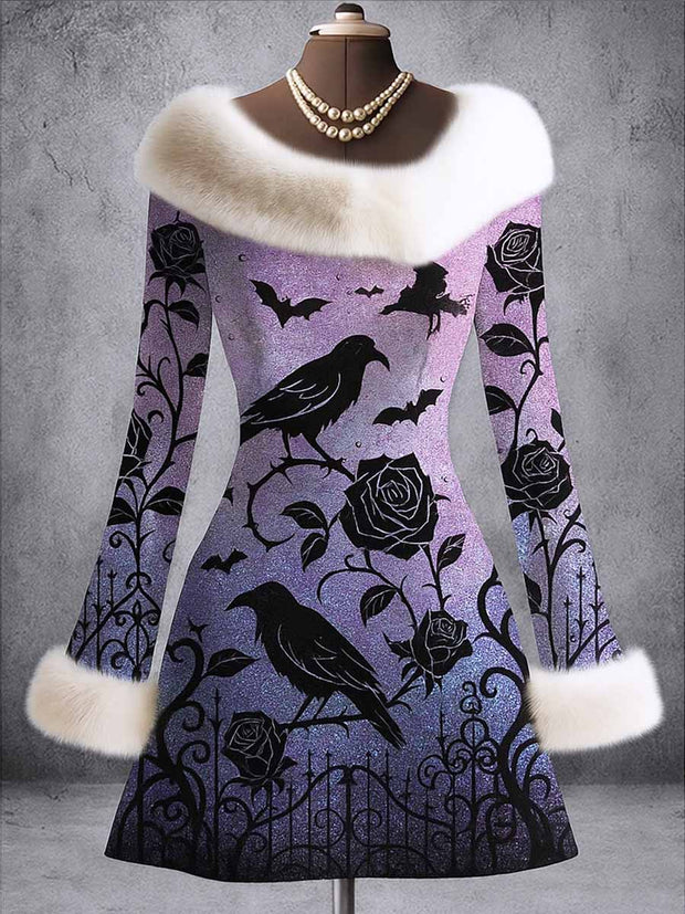 Gothic Raven Art Print Vintage Elegant Furry Fur Collar Long Sleeve Midi Dress