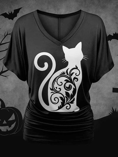 Cats Art Print Vintage V-neck Short Sleeve Top