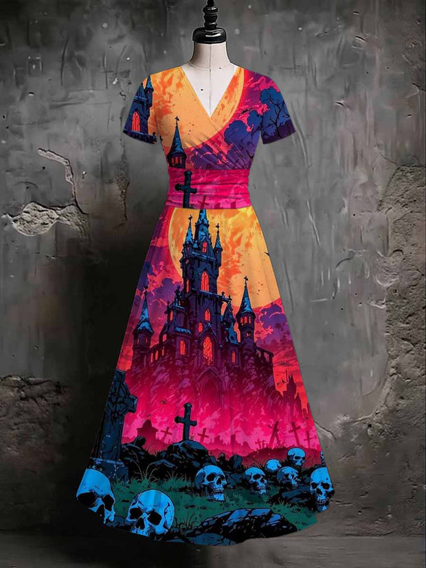 Gothic Skull Art Print V-Neck Short Sleeve Vintage Midi Dress
